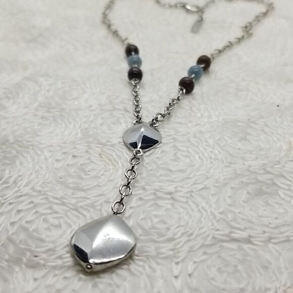 ALine Y Necklace Silver Drop Brown Blue Beaded Necklace - Picture 2 of 9